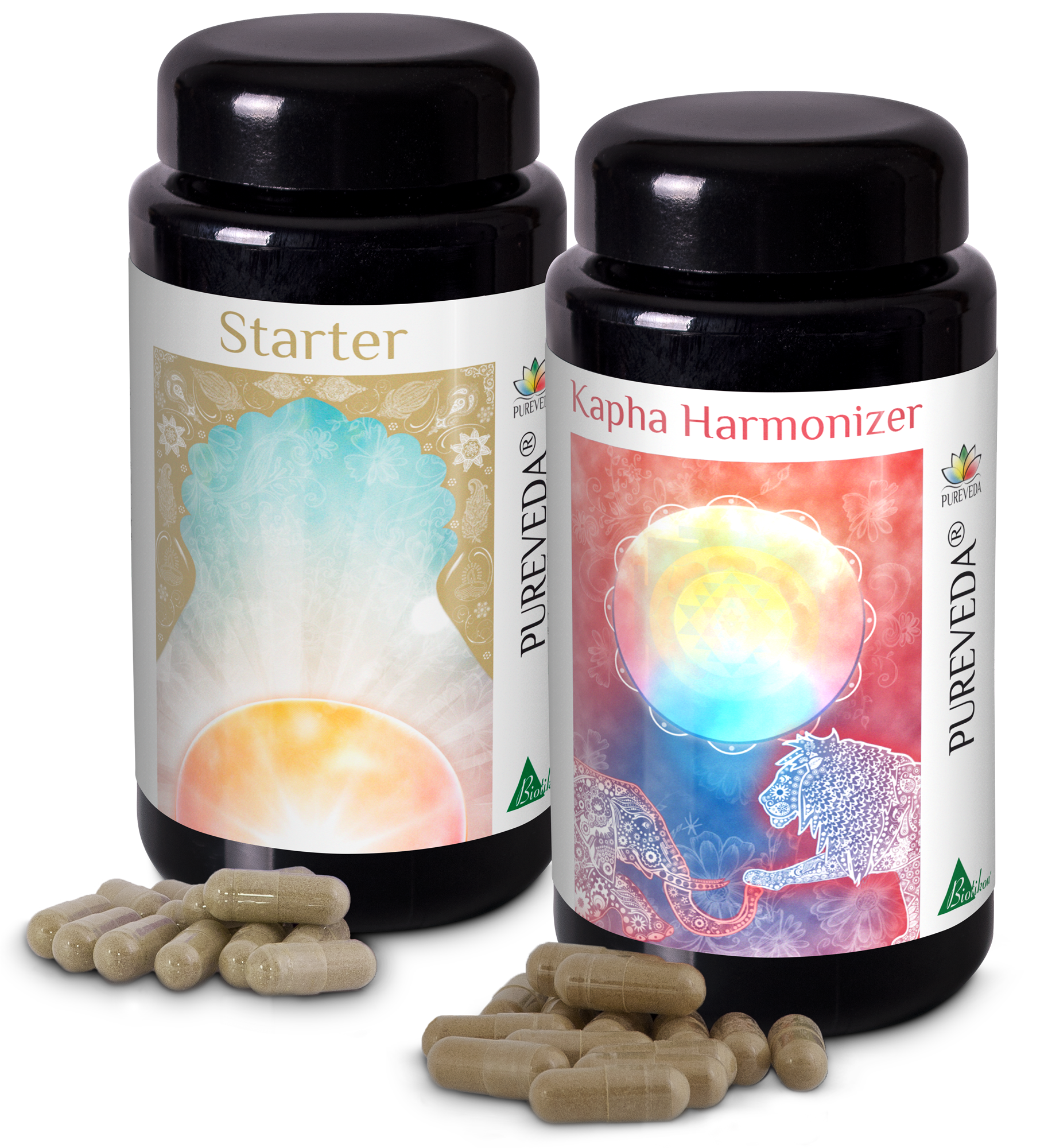 Gélules Ayurvédiques – Starter & Harmonisateur Kapha Deux bouteilles de gélules ayurvédiques, l'une en couleurs claires, l'autre en teintes vives, avec plusieurs gélules à côté.