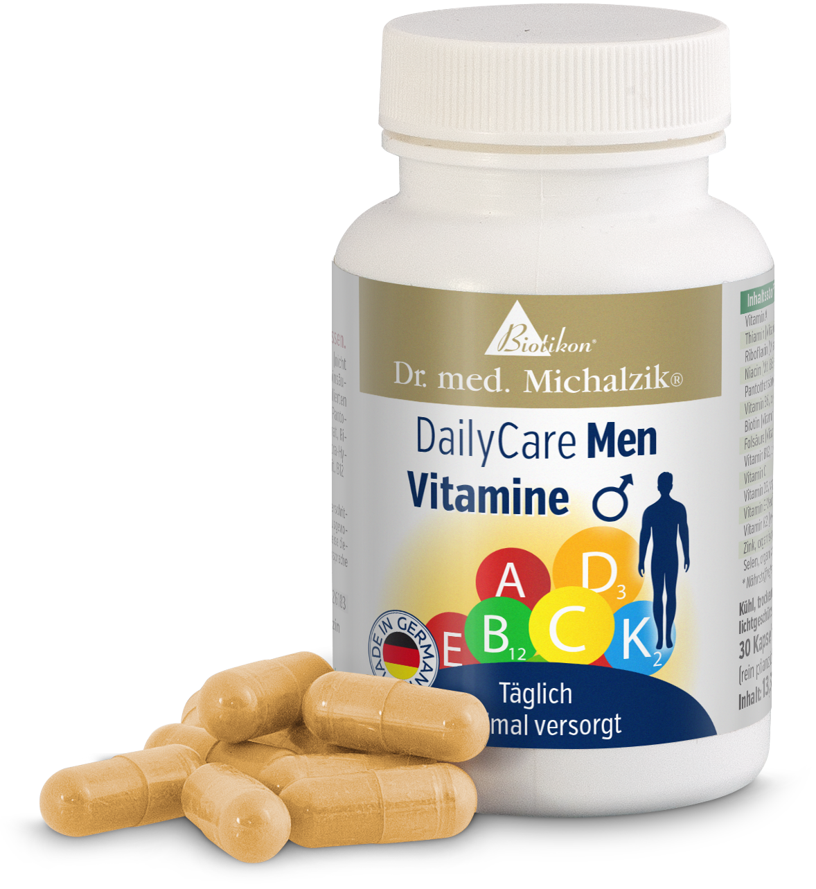 Vitamines DailyCare pour Hommes – Capsules Emballage de vitamines DailyCare pour hommes, 30 capsules beiges, avec capsules visibles à côté.