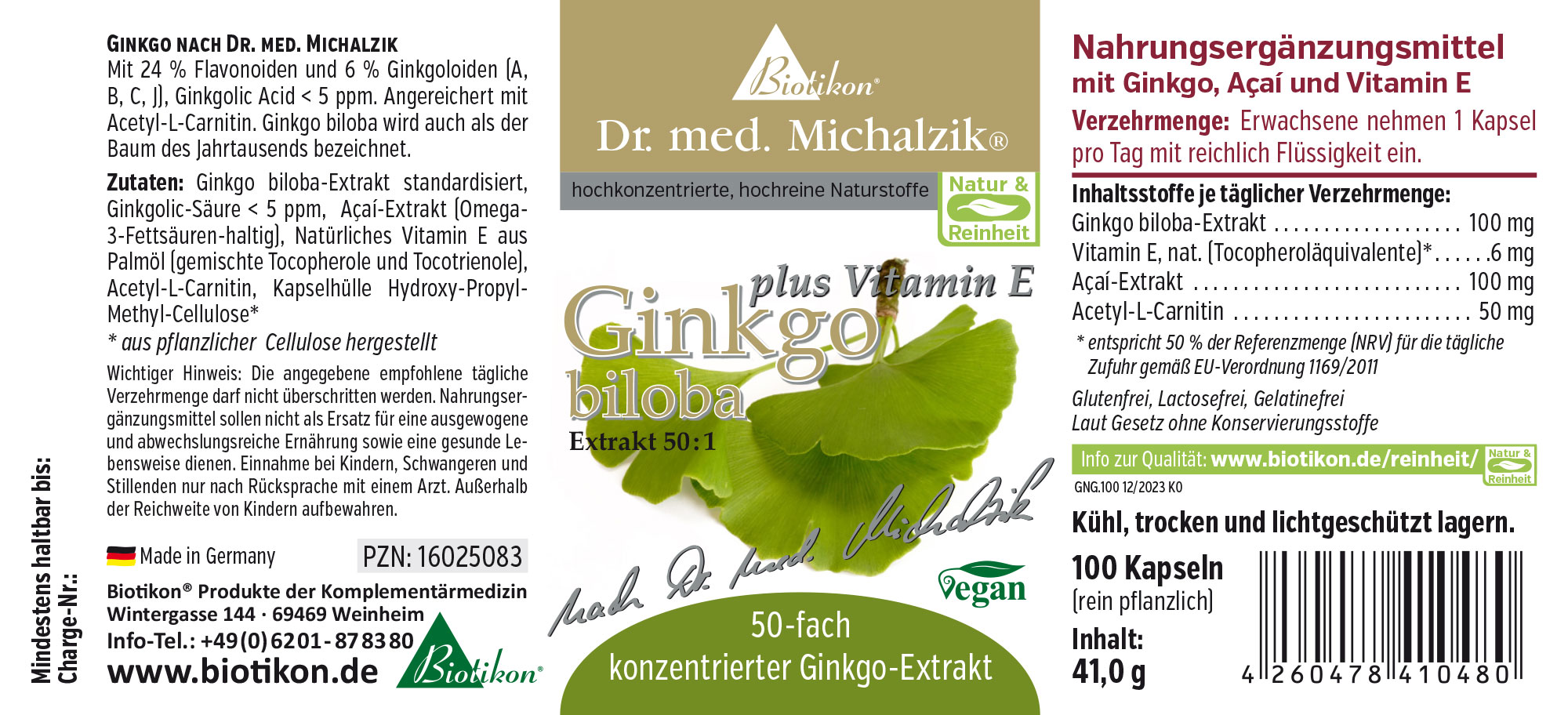 Extrait de Ginkgo Biloba 100 mg – 100 Capsules Complément alimentaire extrait de ginkgo biloba 50:1 en capsules, 100 pièces, emballage vert, vue latérale.