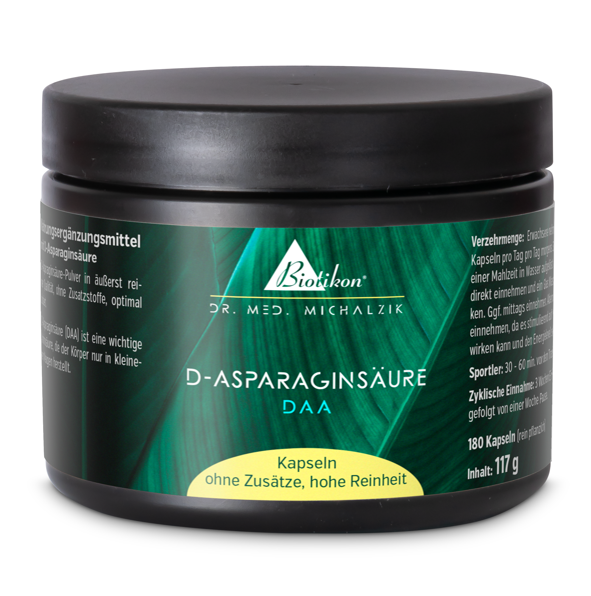 Acide D-Aspartique 180 Capsules Contenant d'acide D-aspartique avec 180 capsules, emballage noir avec accents verts.