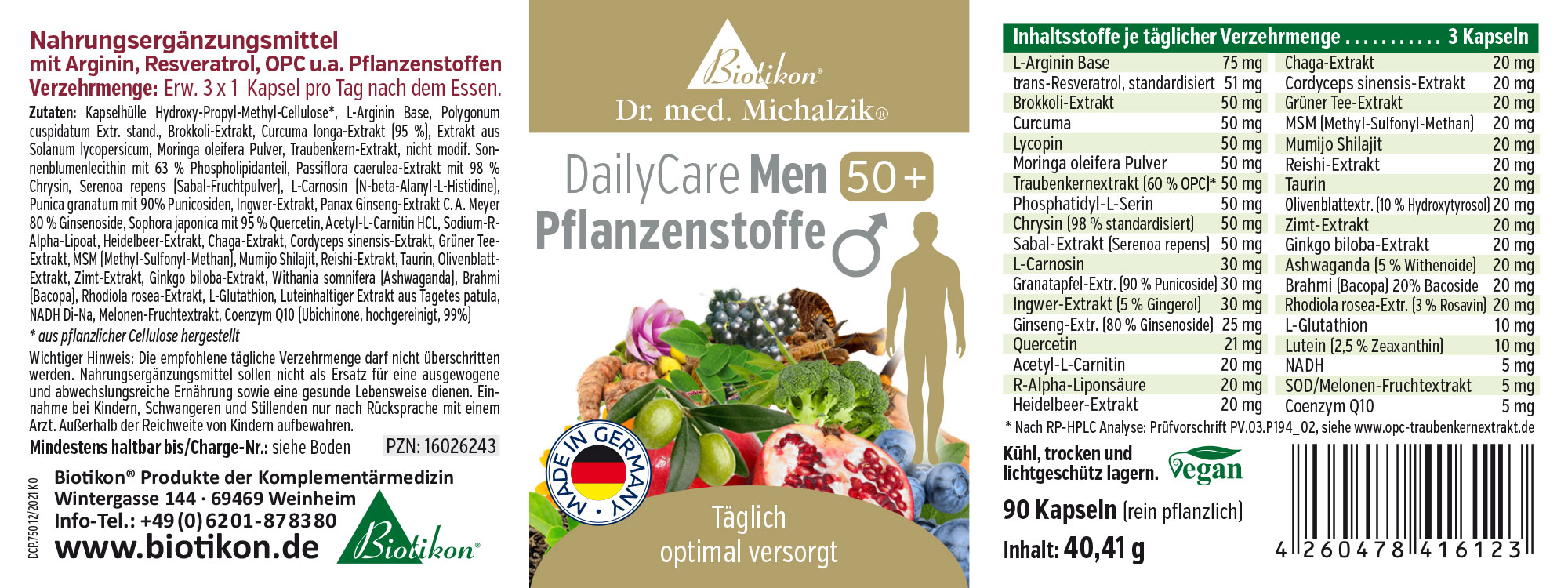 Composés Végétaux 50+ – 90 Capsules Complément alimentaire pour hommes de 50 ans et plus, 90 capsules dans un emballage blanc, vue de l'avant et de l'arrière.