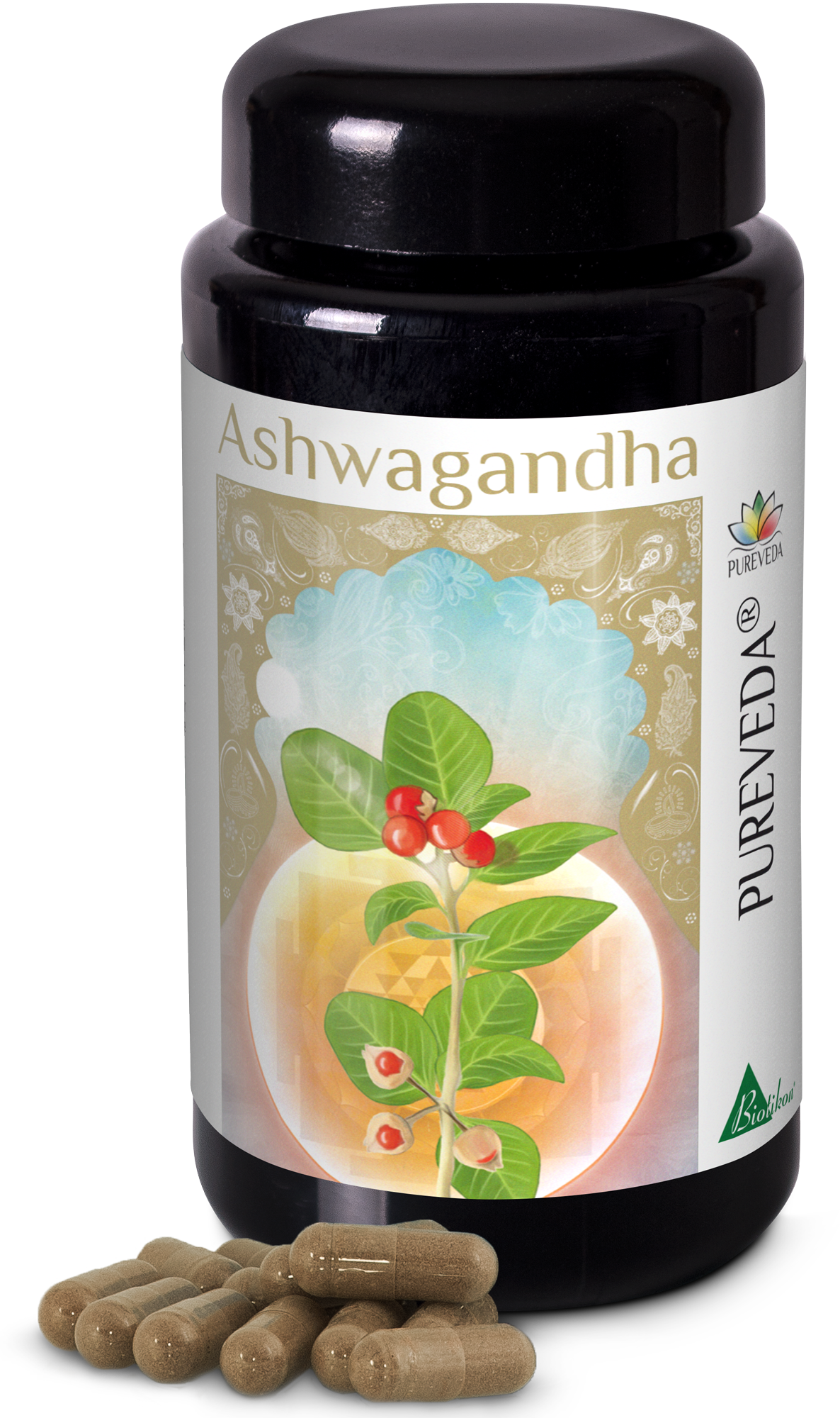Ashwagandha 500 mg – Gélules Paquet de gélules Ashwagandha 500 mg dans un conteneur noir, avec plusieurs gélules au premier plan.
