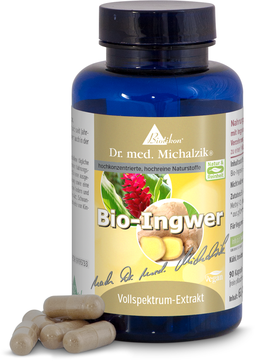 Gingembre Bio 90 Capsules – Extrait Spectre Complet Bouteille bleue contenant 90 capsules végétaliennes, extrait de gingembre bio, capsules visibles au premier plan.