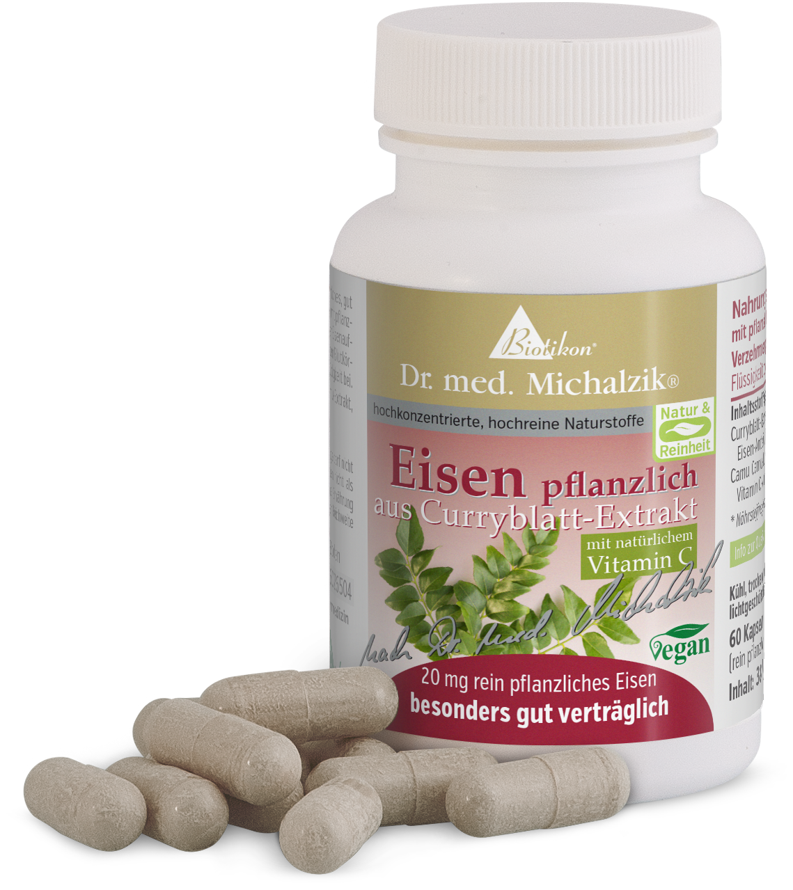 Fer Végétal 20 mg - Capsules Bouteilles contenant 60 capsules, fer végétal extrait de feuilles de curry, capsules véganes.