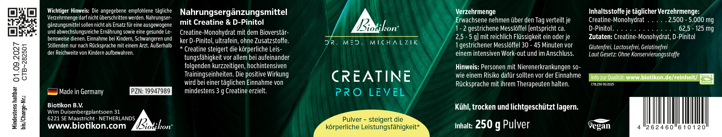 Créatine Monohydrate 250g – Poudre Supplément alimentaire avec créatine et D-Pinitol, poudre de 250g dans un emballage vert.