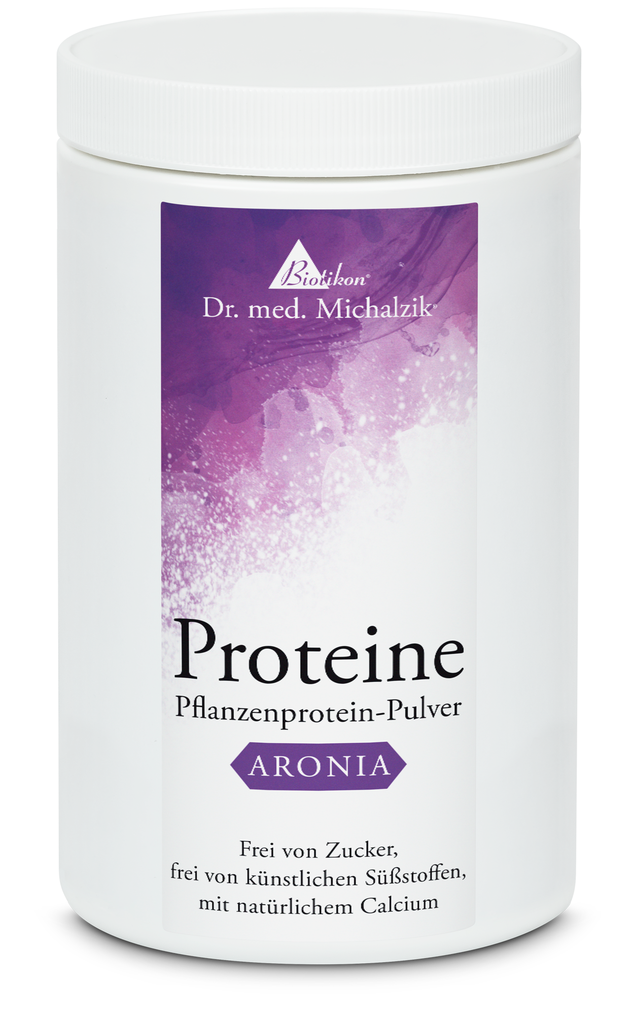 Poudre de protéine végétale Aronia – 500 g Contenant blanc avec accent violet, poudre de protéine végétale Aronia, 500 g, vue latérale.