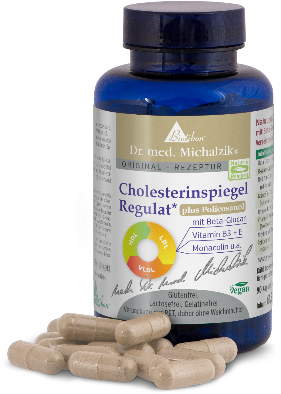 Capsules Policosanol Regulat Plus pour le Cholestérol Capsules brunes dans une bouteille bleue contenant 90 pièces, véganes et sans gluten.