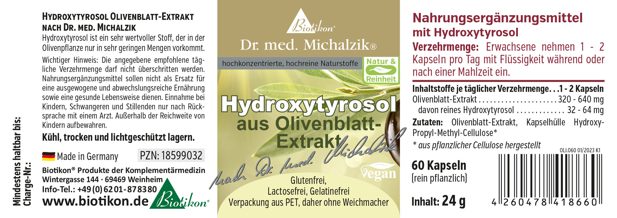 Extrait de Feuille d'Olive Hydroxytyrosol – 60 Capsules Complément alimentaire Hydroxytyrosol extrait de feuille d'olive, 60 capsules en emballage PET, brun verdâtre.