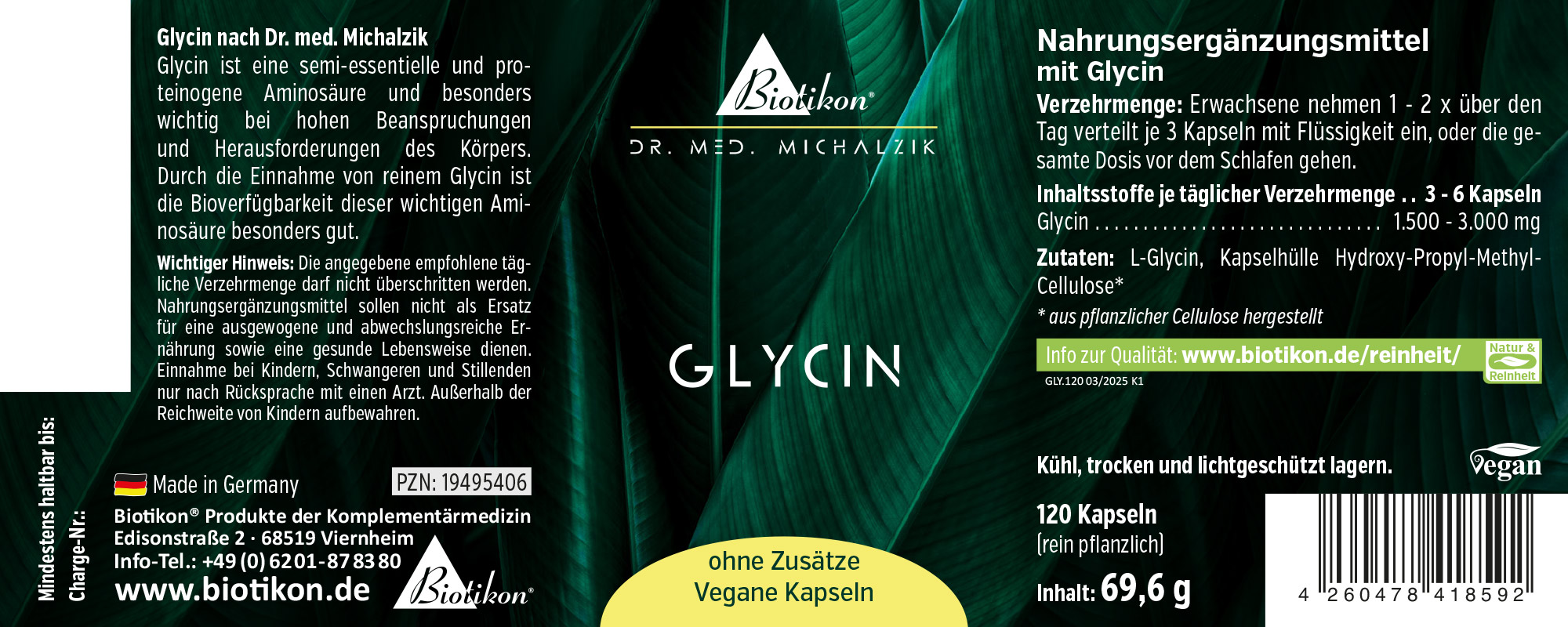 Glycine 120 Capsules – Complément alimentaire Gélules véganes avec glycine, 120 pièces, emballage vert, vue de face.