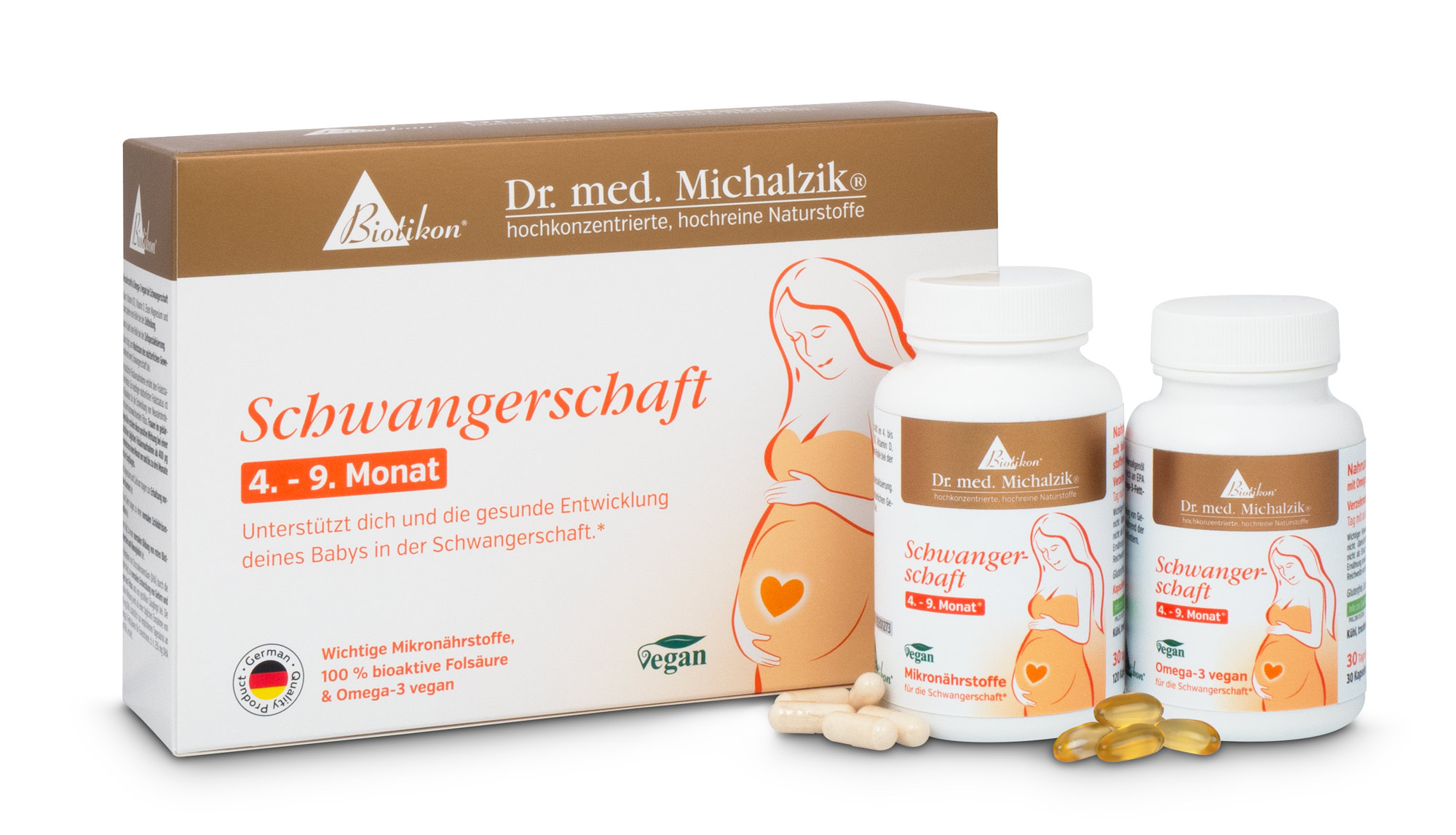 Grossesse Mois 4-9 – Nutriments Essentiels Emballage de suppléments alimentaires pour femmes enceintes, 30 gélules, formulation vegan en couleurs vives.