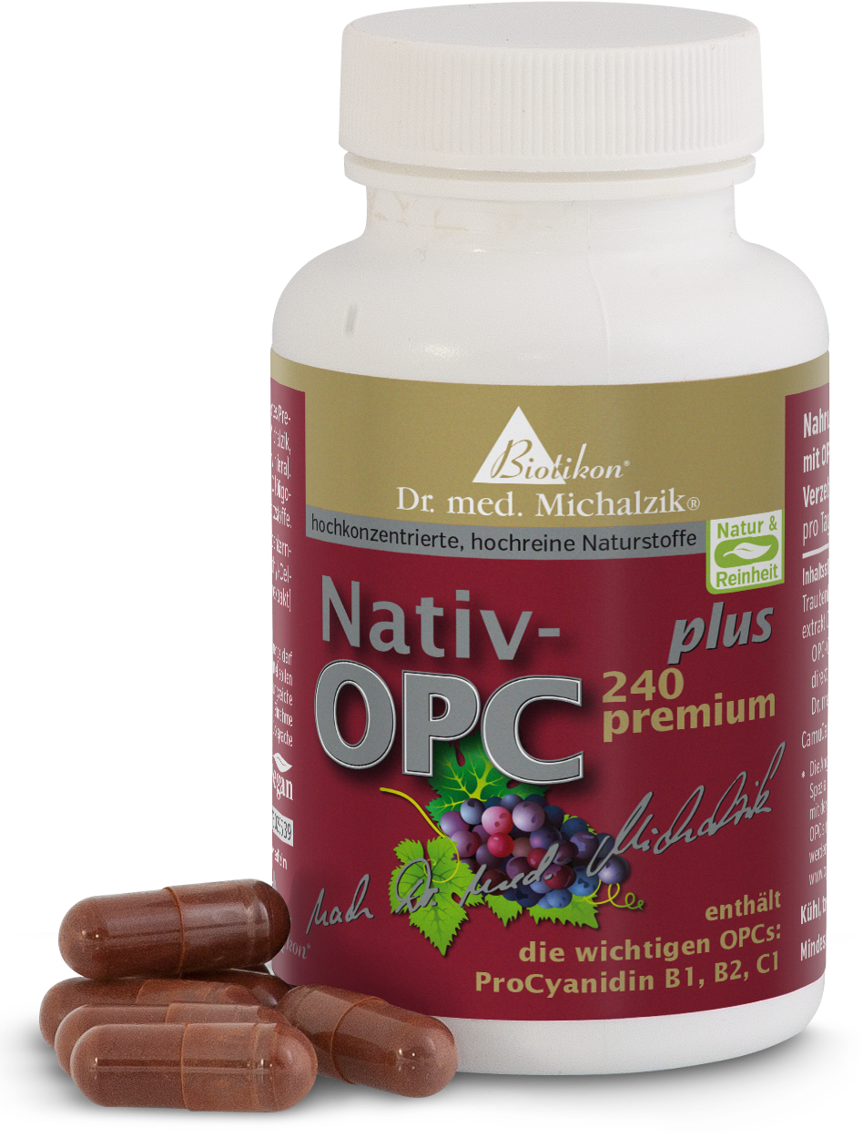 Nativ-OPC Plus 240 – Gélules Gélules brunes dans une bouteille blanche, 240 pièces, produit avec extrait de pépins de raisin, vue de face.
