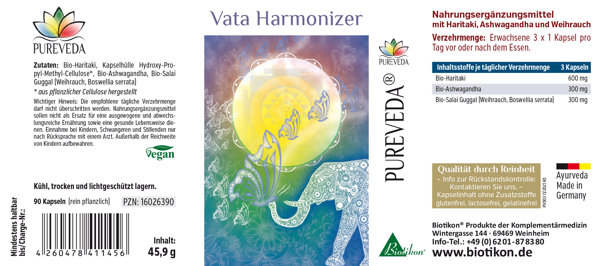 Vata Harmoniser – 90 Capsules Complément alimentaire Vata Harmoniser dans un emballage de 90 capsules véganes, design coloré.