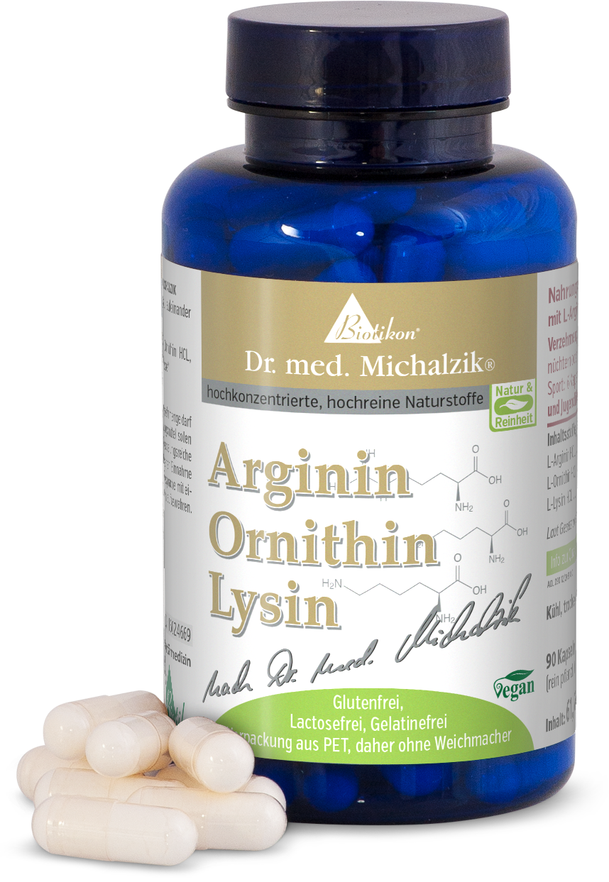 Arginine Ornithine Lysine – 90 Capsules Bouteille bleue avec 90 capsules végétales, à côté de quelques capsules, sans gluten et sans lactose.