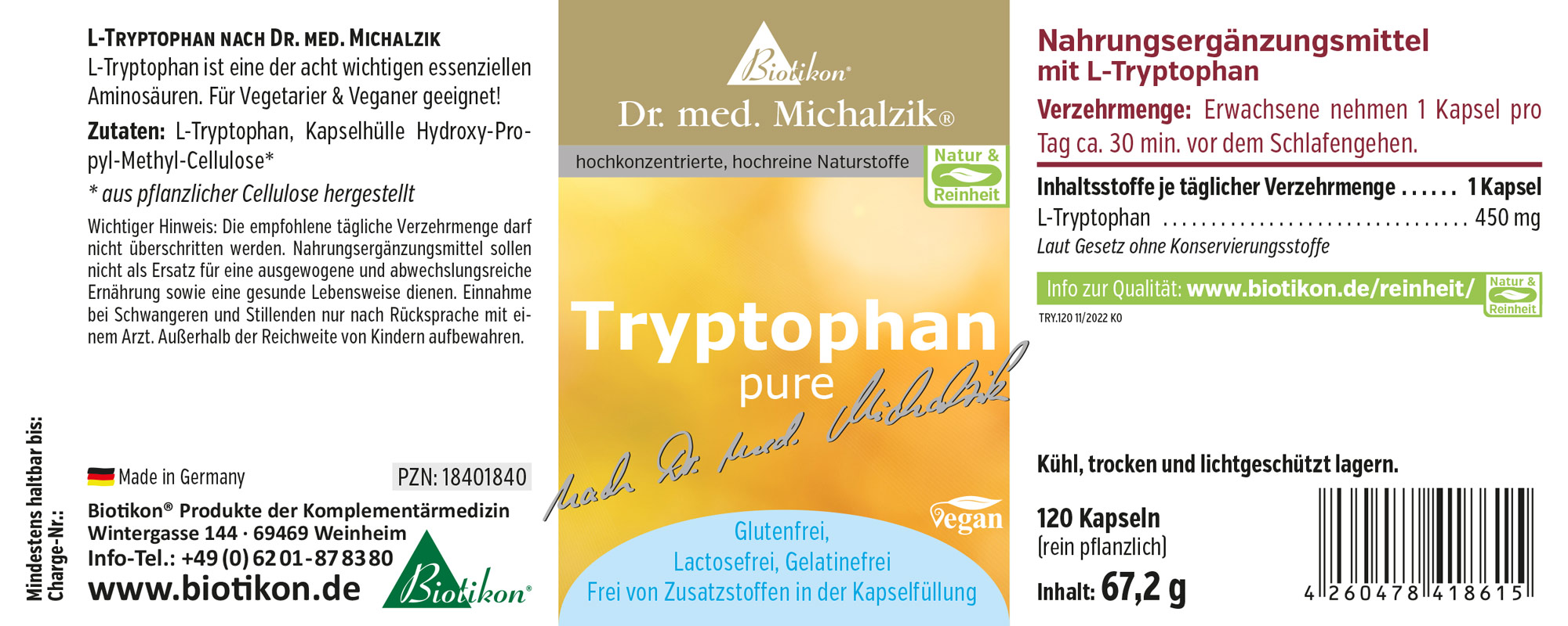 Capsules de L-Tryptophane 450 mg – 120 unités Complément alimentaire L-Tryptophane en capsules vegan, 120 capsules, emballage jaune.