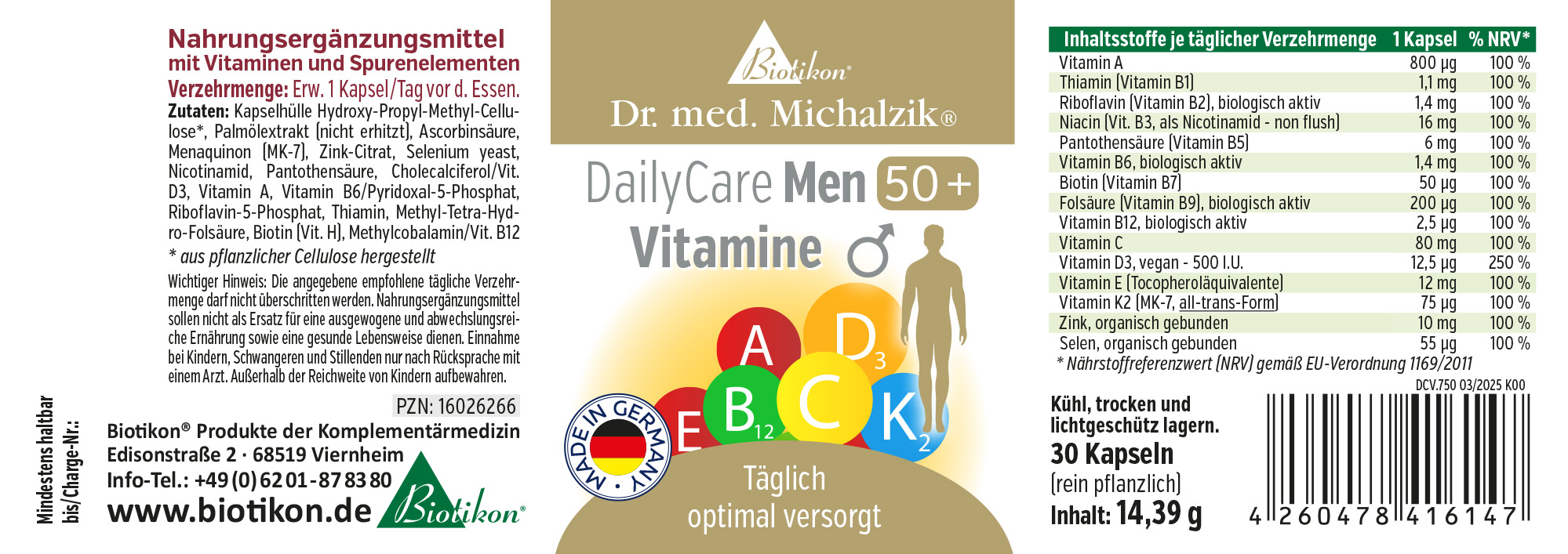 DailyCare Hommes 50+ – 30 Capsules Complément alimentaire pour hommes de 50 ans et plus, 30 capsules en emballage, multicolore, vue de face.