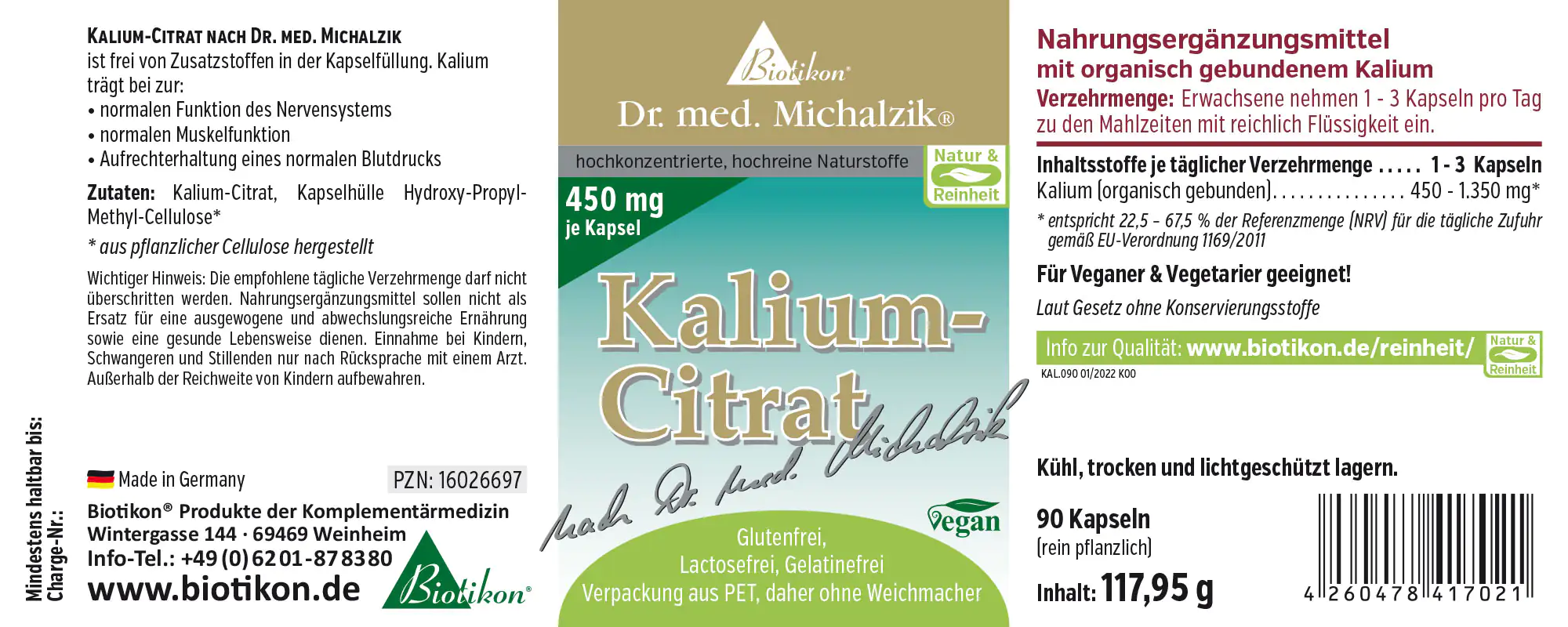Citrate de potassium 450 mg – Capsules Complément alimentaire, 90 capsules, emballage clair, vue latérale, végétalien.