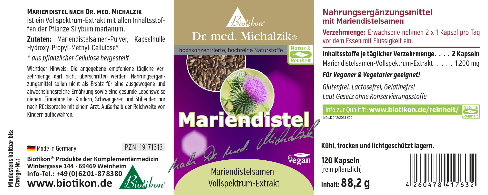 Chardon-Marie 120 Capsules – Extrait Spectre Complet Complément alimentaire de chardon-Marie, 120 capsules, végan, en emballage, vue de face