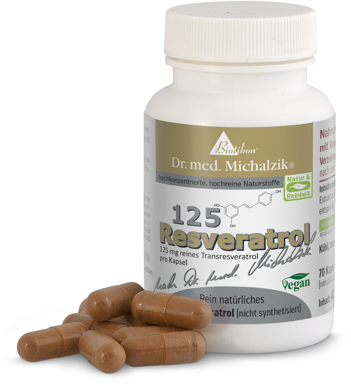 Resvératrol 125 mg – Capsules Capsules brunes contenant 125 mg de resvératrol, 70 capsules dans un flacon transparent, vue latérale