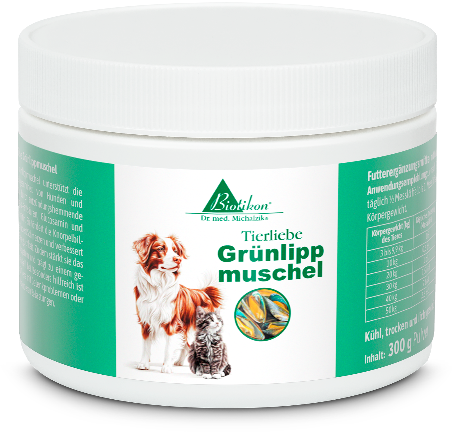 Moule à lèvres vertes 300g - Poudre Canette de poudre de moules à lèvres vertes pour chiens et chats, 300g, avec illustrations colorées d'un chien et d'un chat.