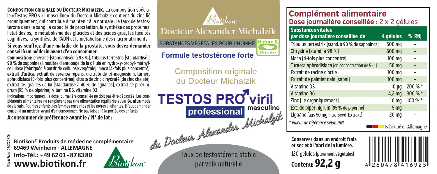 Testos Pro Viril – 120 Capsules Complément alimentaire Testos Pro Viril avec 120 capsules dans un emballage vert.