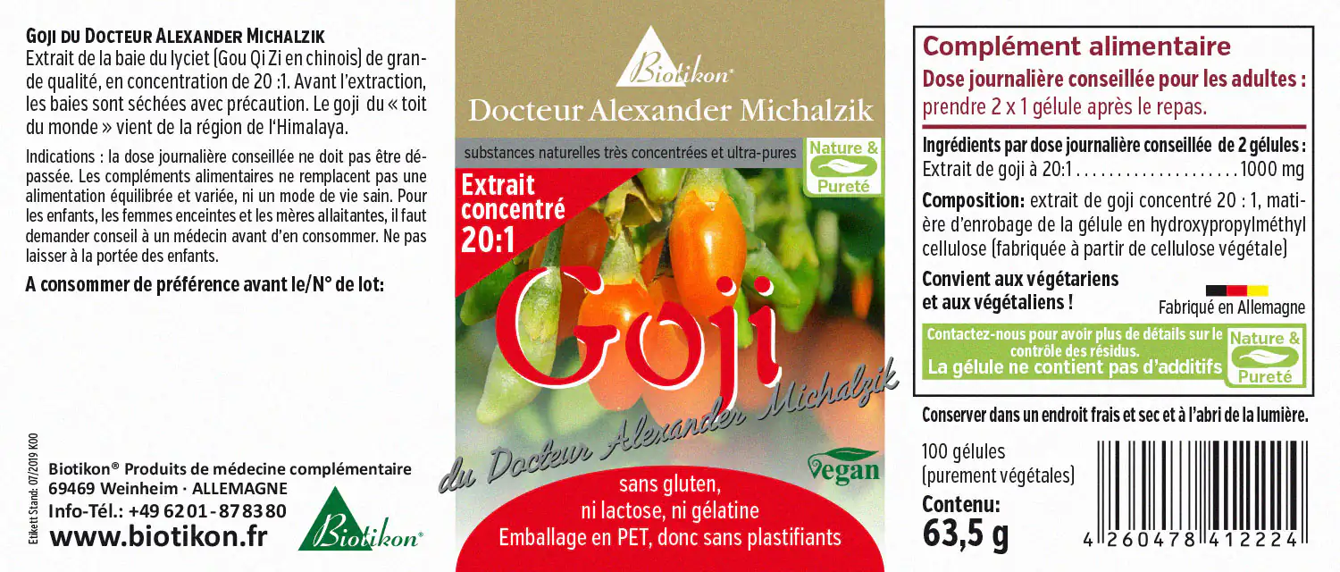 Extrait de Goji 1000 mg – 100 Capsules Extrait de goji en capsules, 1000 mg par portion, 100 capsules végétaliennes dans un emballage PET, vue de face.