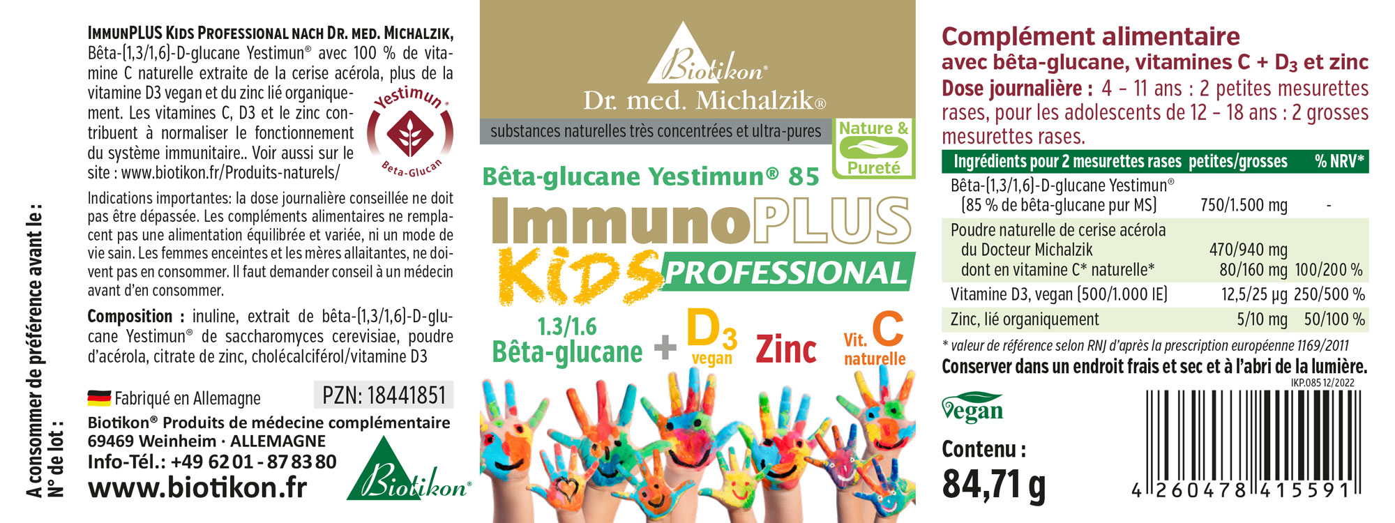 ImmunPLUS Kids Professional – Supplément Supplément avec bêta-glucanes pour enfants, paquet de 84,71 g, empreintes de mains colorées sur l'étiquette, végan