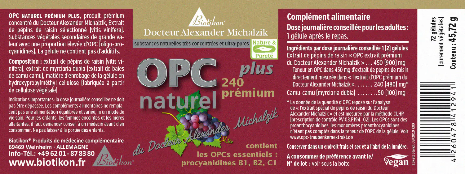 OPC Naturel 240 mg – Gélules Complément alimentaire OPC, 72 gélules véganes, emballage violet, vue de devant montrant les ingrédients.