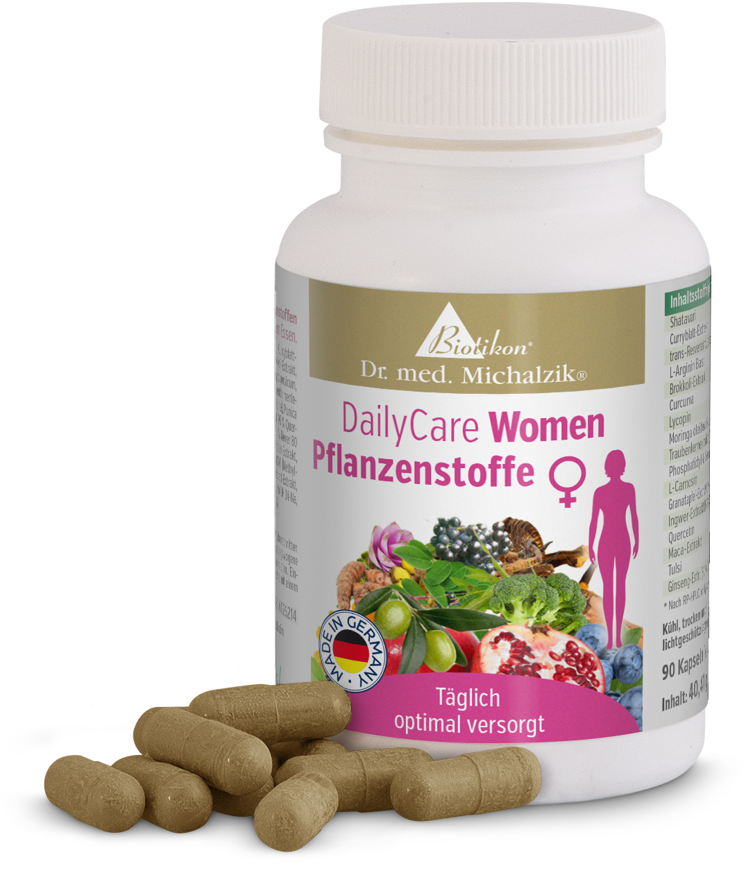 DailyCare Femmes - 90 Capsules à base de plantes Bouteille de 90 capsules à base de plantes, illustrations de plantes colorées, capsules brunes sur la table.