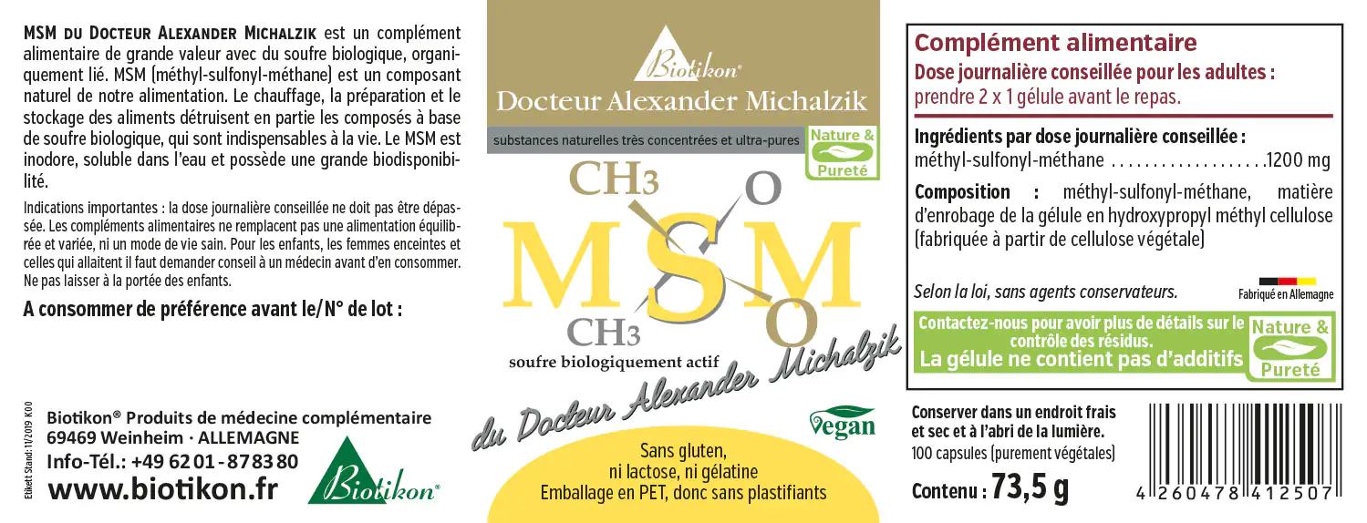 MSM 1200 mg – Gélules Complément alimentaire MSM, 120 gélules dans un emballage jaune, vue de face