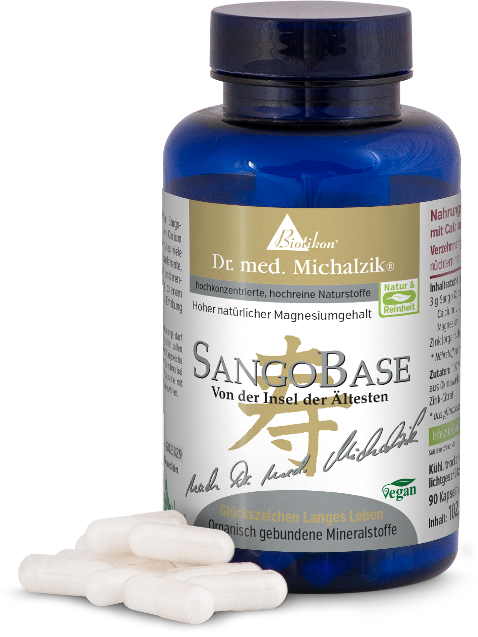SangoBase 90 capsules – Minéraux organiques Vase en verre bleu avec 90 capsules, SangoBase, végan, vue des capsules et de la bouteille.