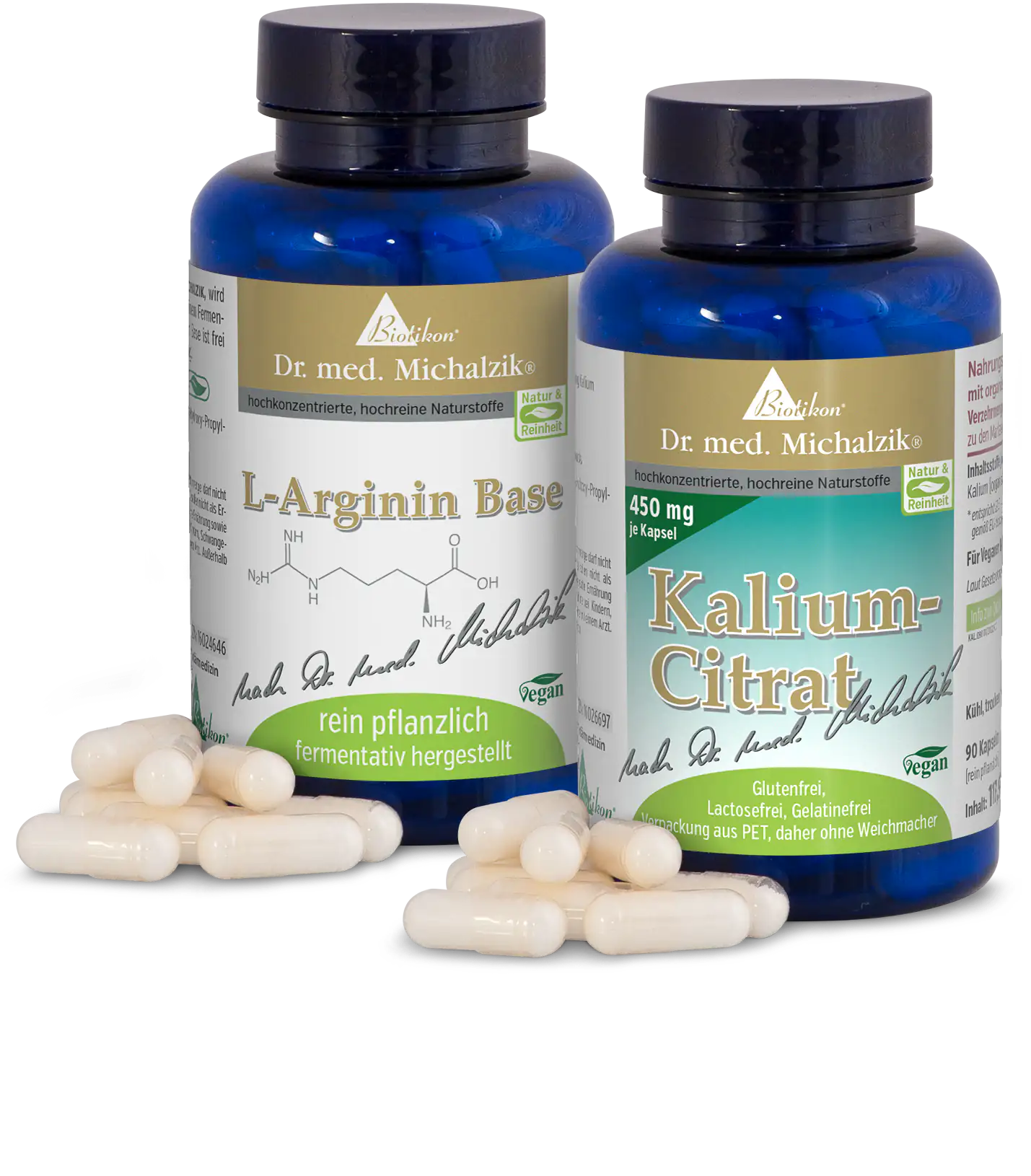 Base L-Arginine 450 mg – Gélules Deux bouteilles de gélules L-Arginine et citrate de potassium, blanches, dans des contenants bleus, 90 gélules par bouteille.