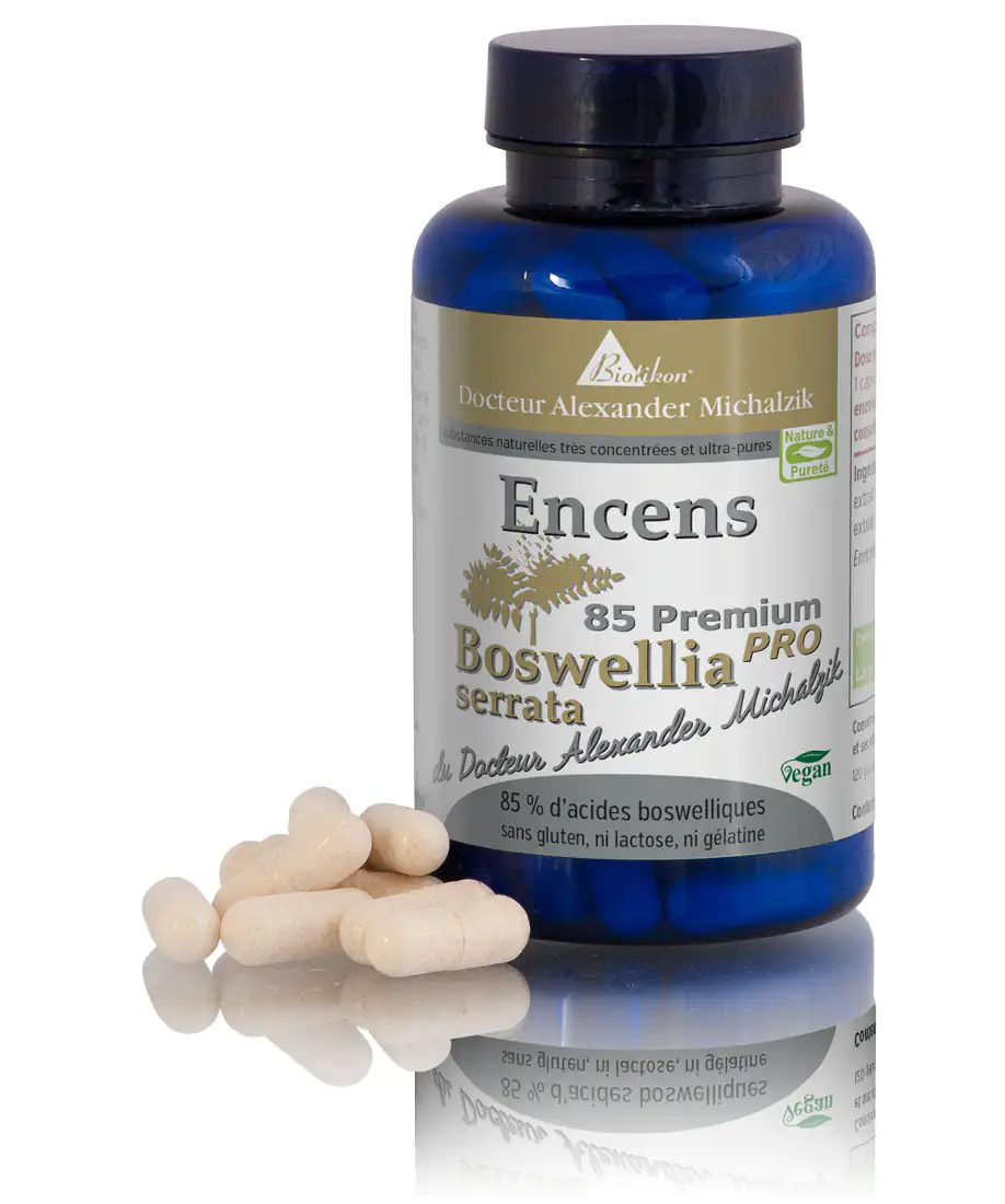 Boswellia 85 Premium - Capsules Capsules de Boswellia dans une bouteille bleue, 85 % d'acides boswelliques, sans gluten, végan.