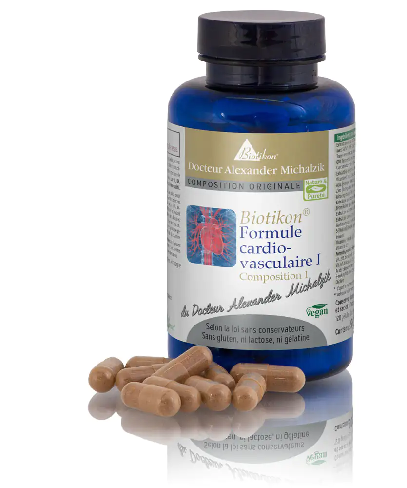 Biotikon Cœur-Circulation 90 Capsules Capsules brunes dans une bouteille en verre bleue, véganes, 90 pièces, vue de face.