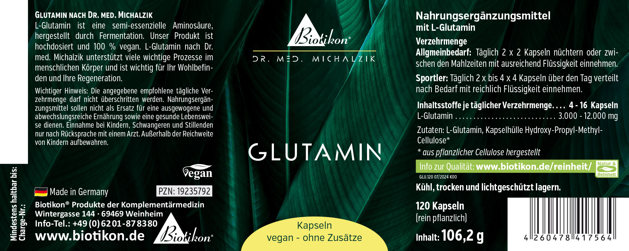 Glutamine 120 Capsules - Végan Capsules de glutamine vegan en emballage, 120 capsules, fond vert, perspective en biais
