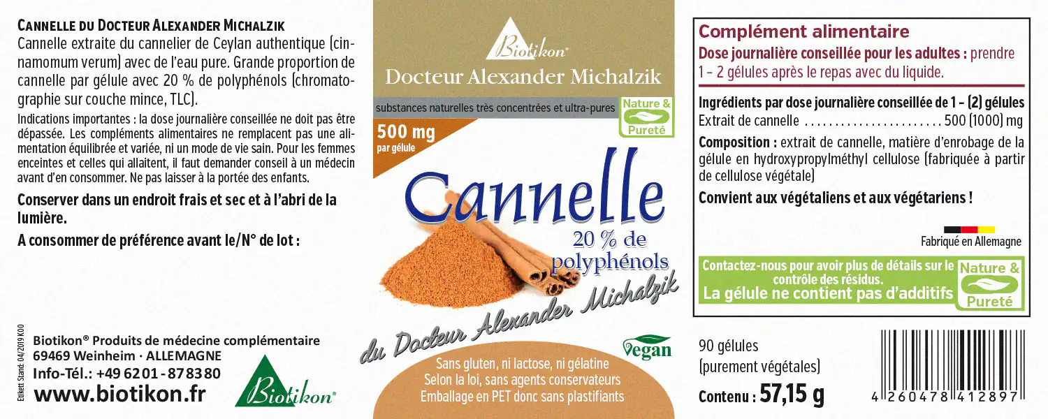 Cannelle 500 mg – 90 Capsules Gélules d'extrait de cannelle, 500 mg par gélule, 90 pièces, dans un emballage PET.