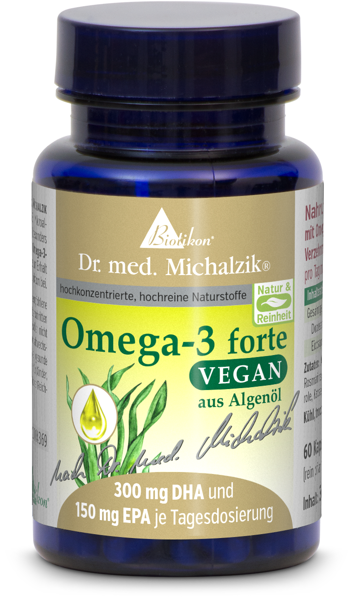 Bouteille de gélules noires contenant 30 gélules végétaliennes d'Omega-3 à base d'huile d'algue, conçues de manière colorée et de haute qualité.