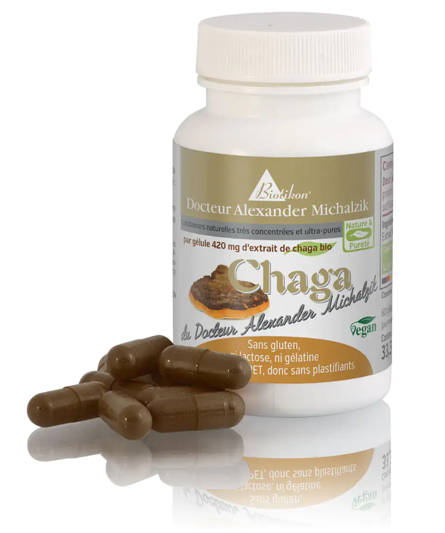 Capsules de Chaga 420 mg - 60 Comprimés Capsules de Chaga dans une bouteille blanche, avec des capsules brunes visibles, 60 capsules au total.