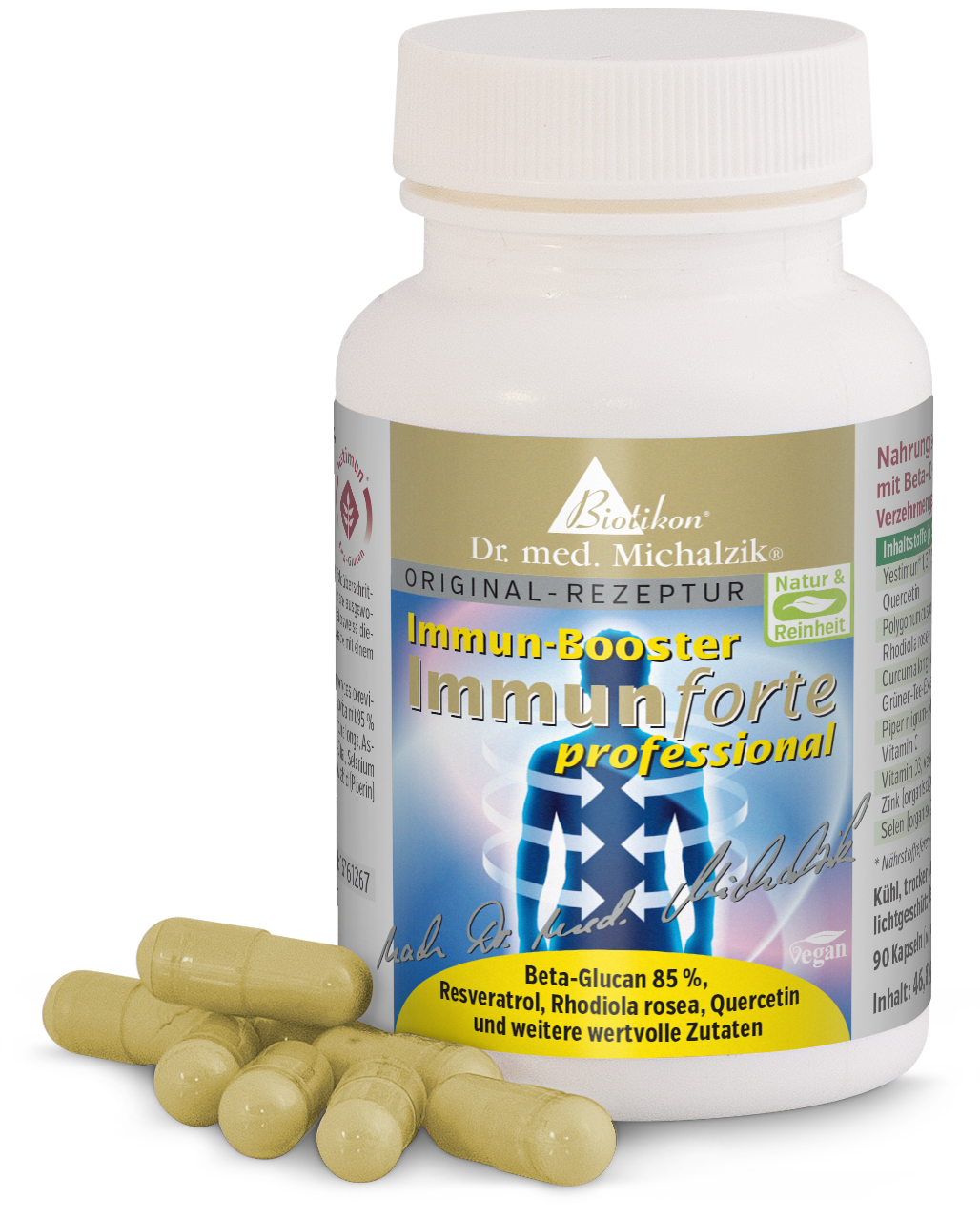 Boosteur Immunitaire 90 Capsules – Professionnel Bouteille avec 90 capsules véganes, beige, boosteur immunitaire, vue du paquet