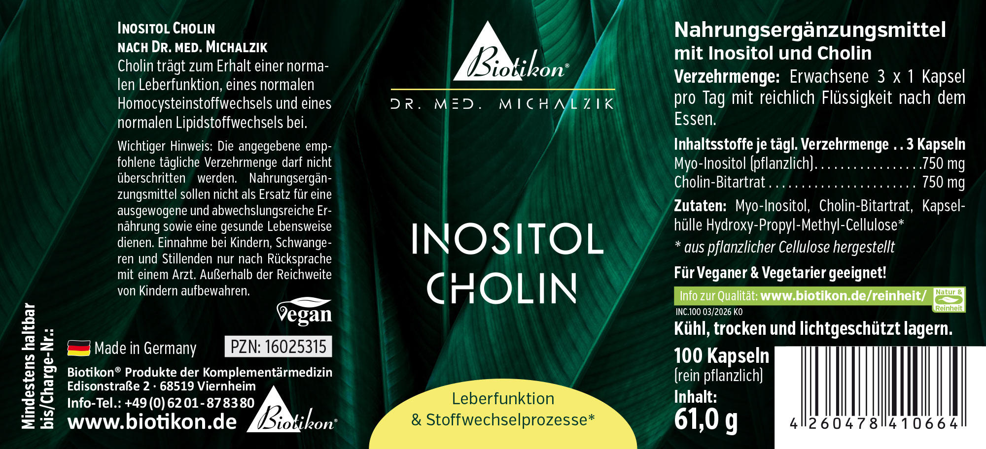 Complément alimentaire Inositol et Choline, 100 gélules véganes, emballage gris-jaune, vue de face.