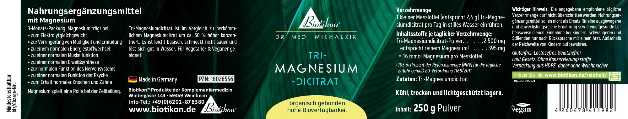 Tri-Magnésium Diacétate – Poudre de 250 g Complément alimentaire Tri-Magnésium Diacétate en poudre de 250 g, emballage vert, à base d'ingrédients biologiques.