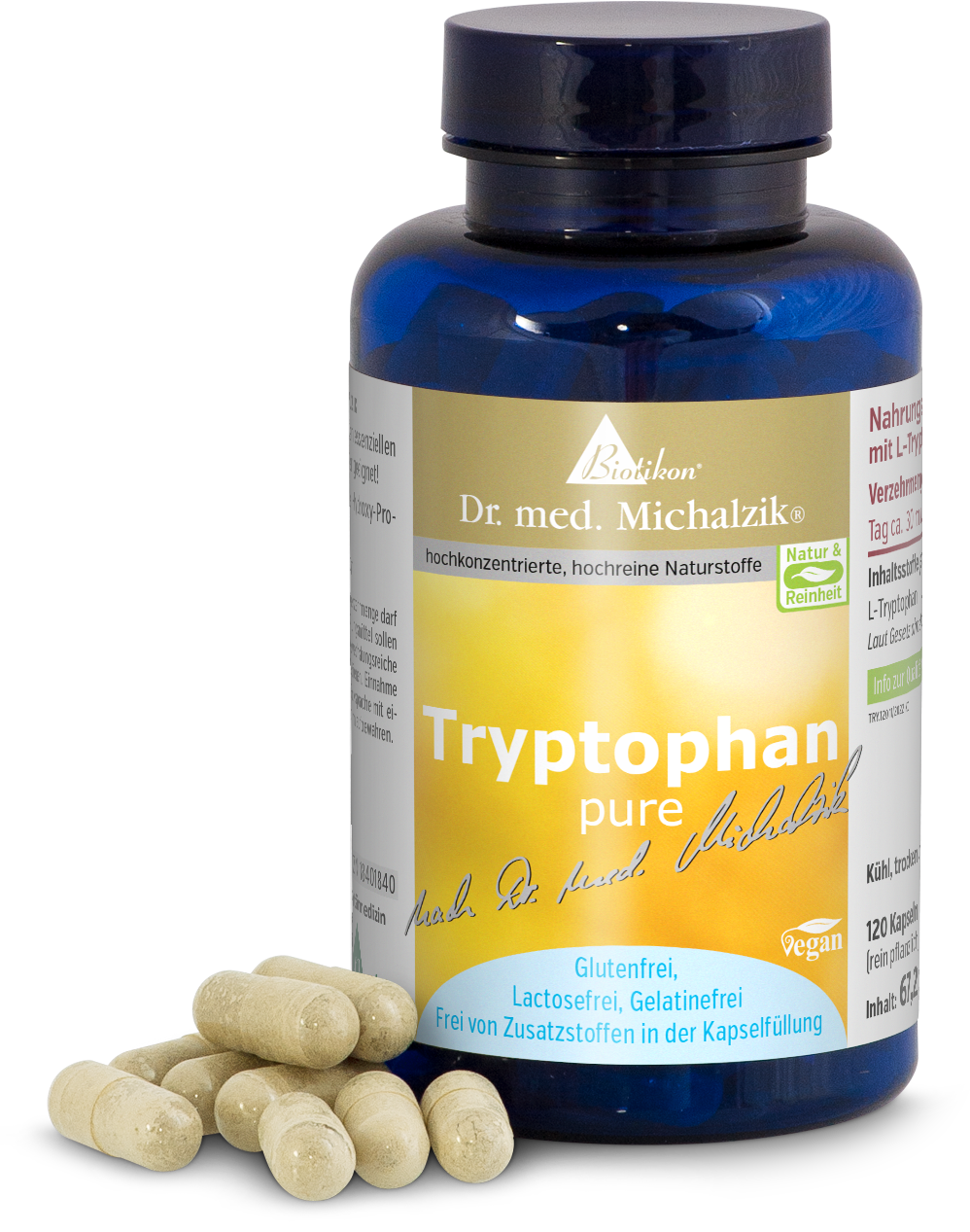 Tryptophane Pur – 120 Gélules Flacon en verre avec des gélules de tryptophane, véganes, sans gluten, sans lactose, sans gélatine, gélules jaune clair.