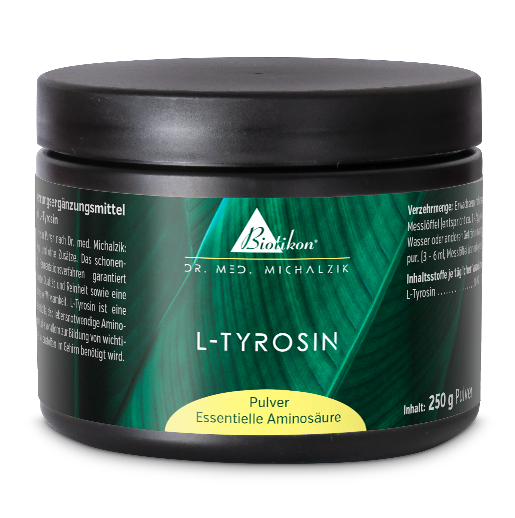 Poudre de L-Tyrosine - 250 g Poudre de L-Tyrosine dans un conteneur noir, 250 g, par Biotikon, prise sous un léger angle.