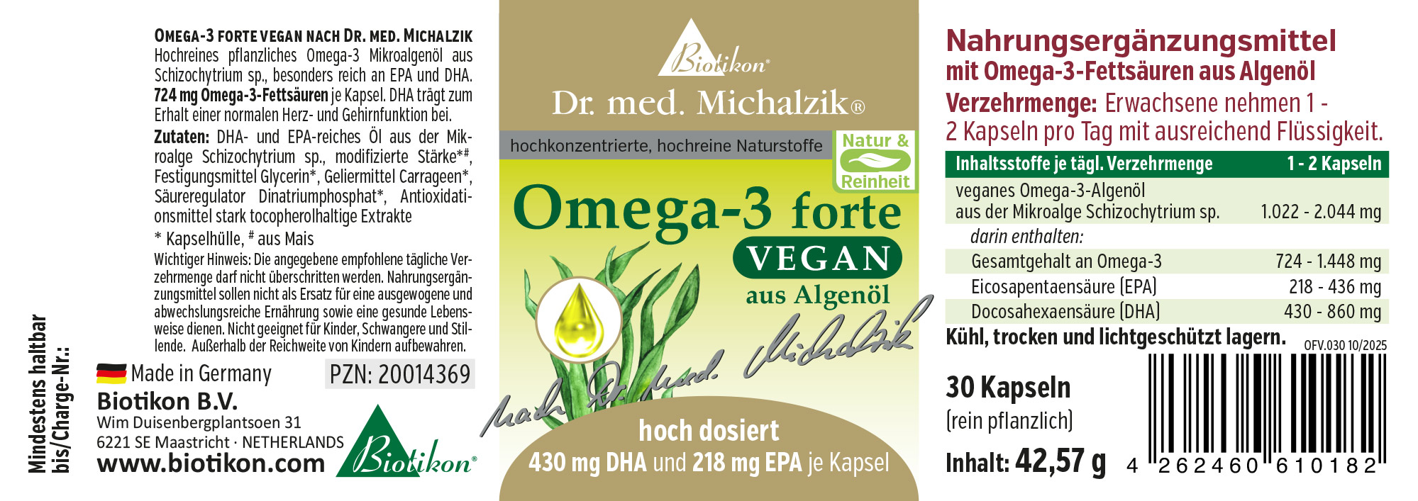 Omega-3 forte vegan Original selon Dr. med. Michalzik - Etiquette 30 gélules