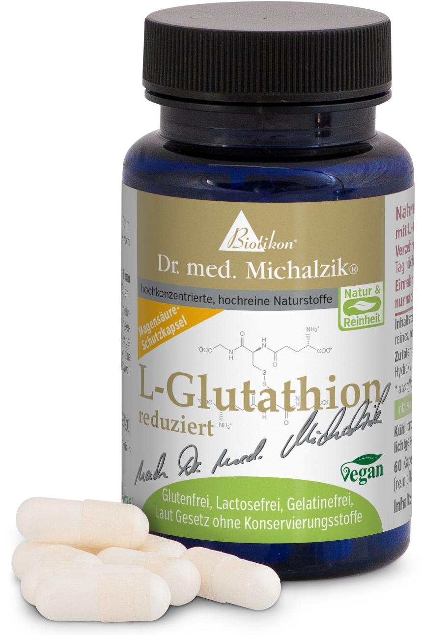 L-Glutathion Réduit – 60 Capsules Contenant plastique bleu avec capsules de L-Glutathion, 60 pièces, sans gluten, capsules végétaliennes, vue de face.