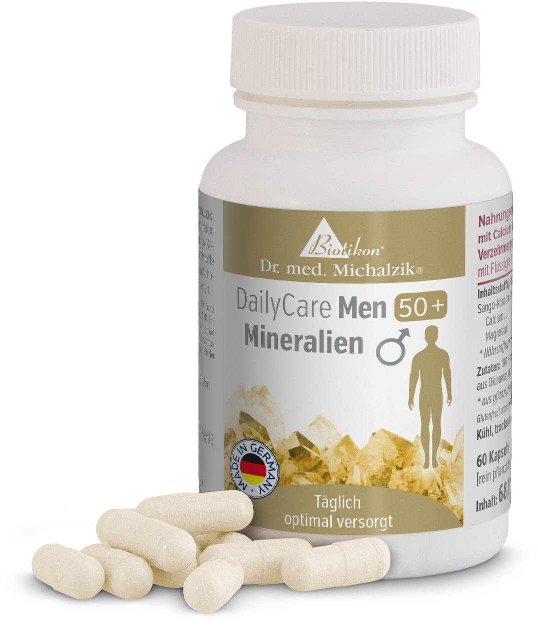 Gélules Minérales 60 pièces – DailyCare Men 50+ Gélules minérales dans une bouteille blanche contenant 60 pièces, légèrement beige, sur un fond noir.