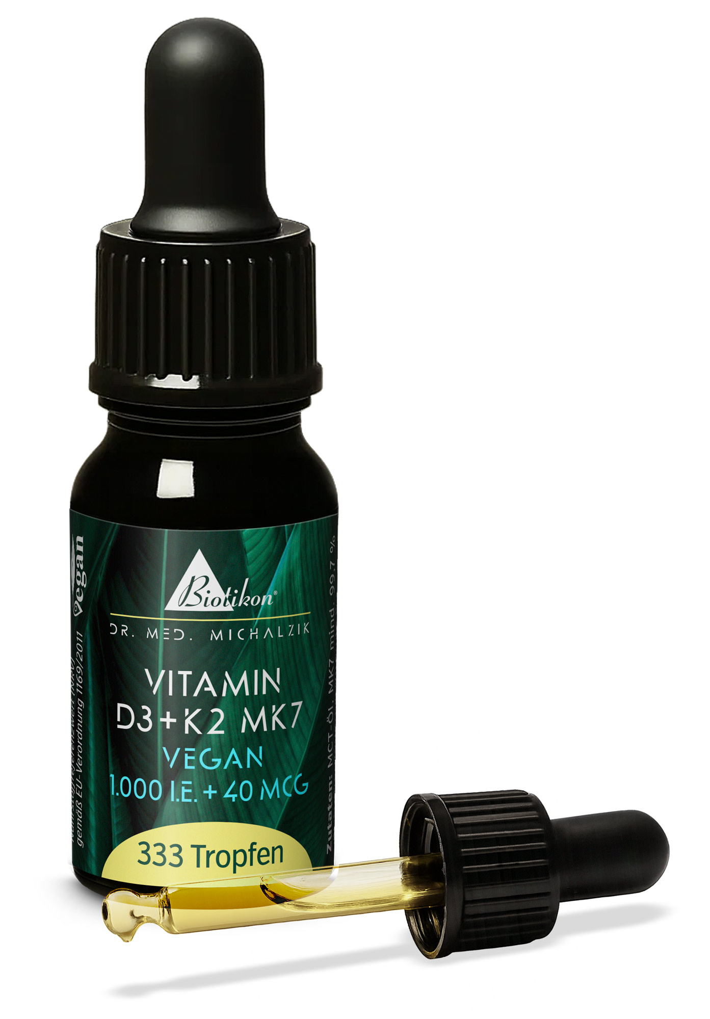 Flacon compte-gouttes contenant 333 gouttes de vitamine D3 et K2 MK7, emballage noir, liquide jaune.