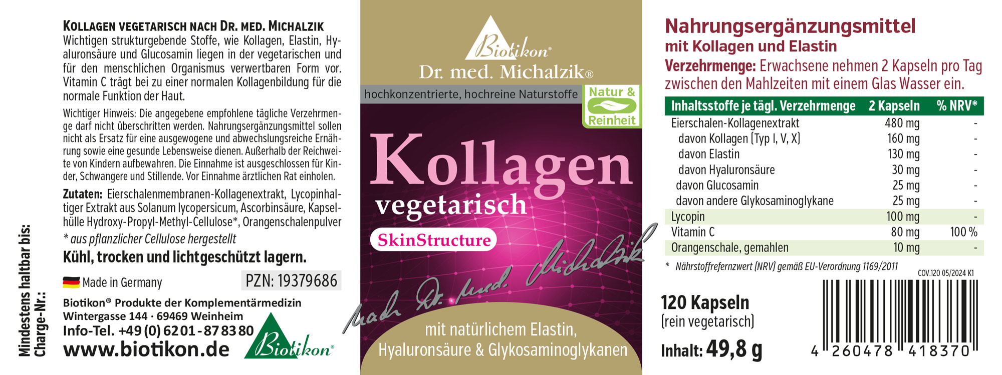 Collagène Végétarien 120 Capsules – Biotikon Complément alimentaire végétarien avec collagène et élastine, 120 capsules dans un emballage transparent, capsules en coque orange.