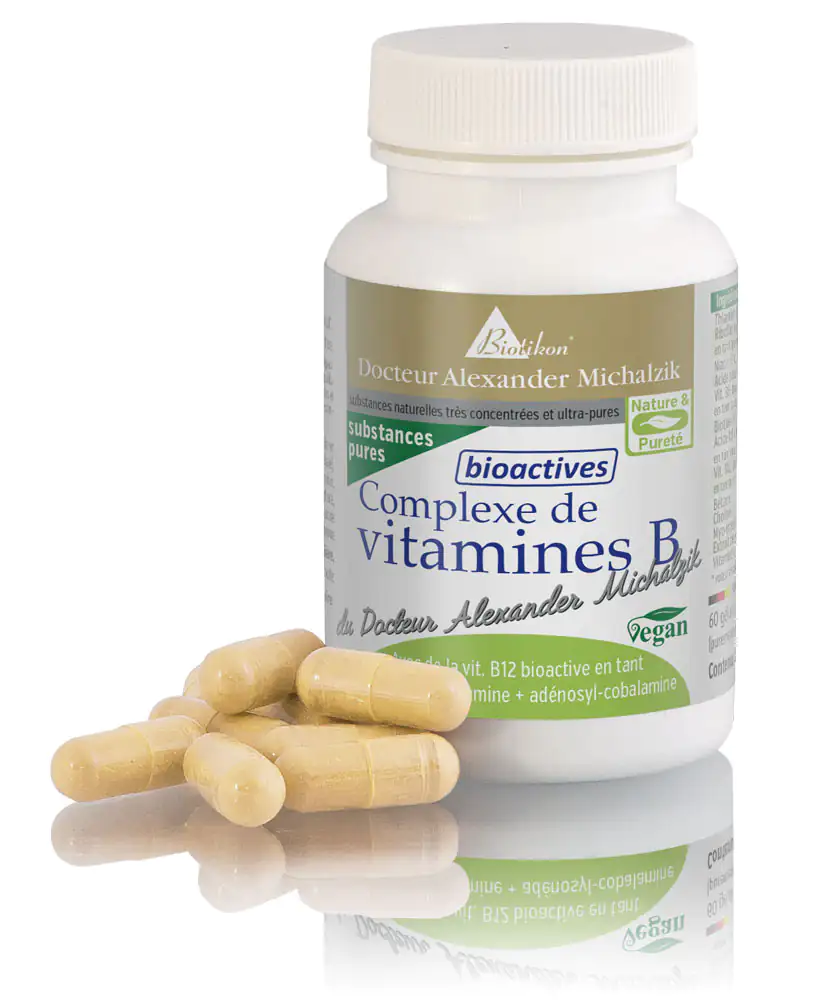 Complexe de Vitamines B – 60 Capsules Bouteille de complexe de vitamines B, 60 capsules végétaliennes, capsules jaunes visibles, vue de face