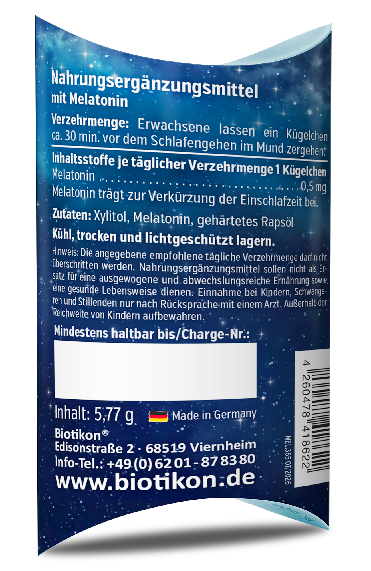 Complément alimentaire avec mélatonine, emballage de 5,77 g, bleu avec motif de ciel étoilé.