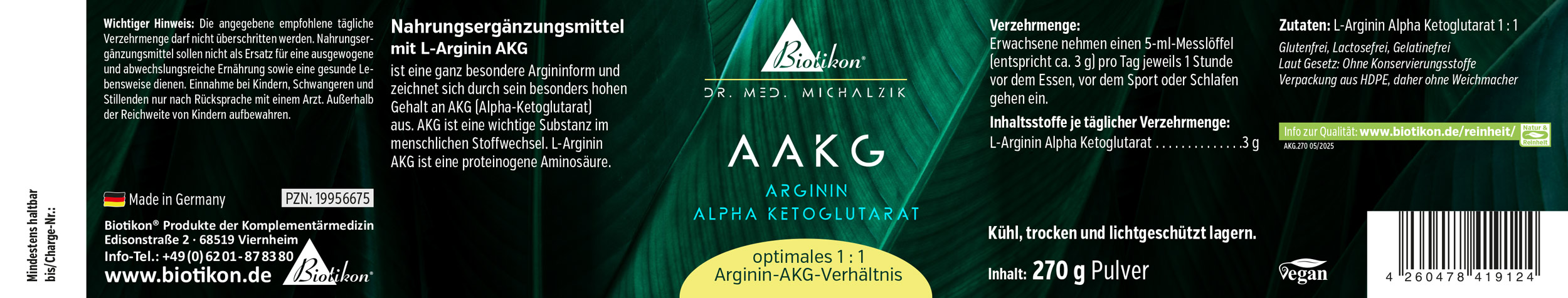AAKG – Arginine alpha-cétoglutarate en poudre 270 g Poudre AAKG en emballage de 270 g, design noir et vert, très visible, vegan et sans additifs.